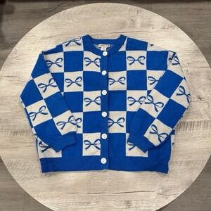 Preppy Sincerely Jules Blue & Cream Bow Checkered Knit Cardigan XS